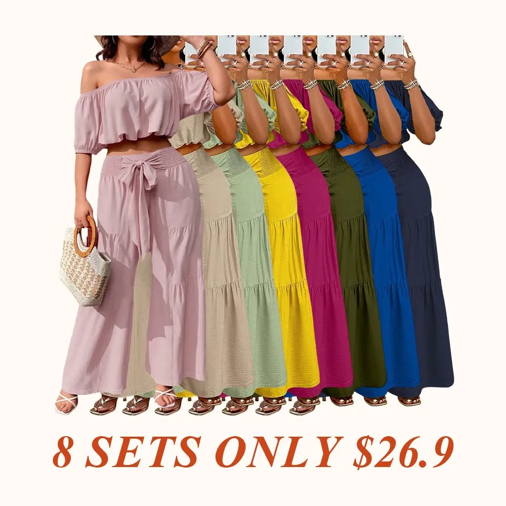 Women's Solid Color Top & Wide Leg Pants Set, Casual Off Shoulder Top & Palazzo Pants for Summer