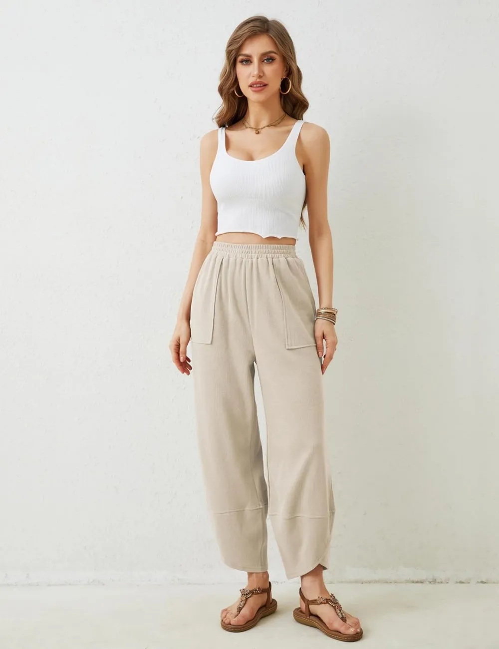 Women's Wide Leg Harem Pants Casual Palazzo Pants with Pockets High Waist Relaxed Fit