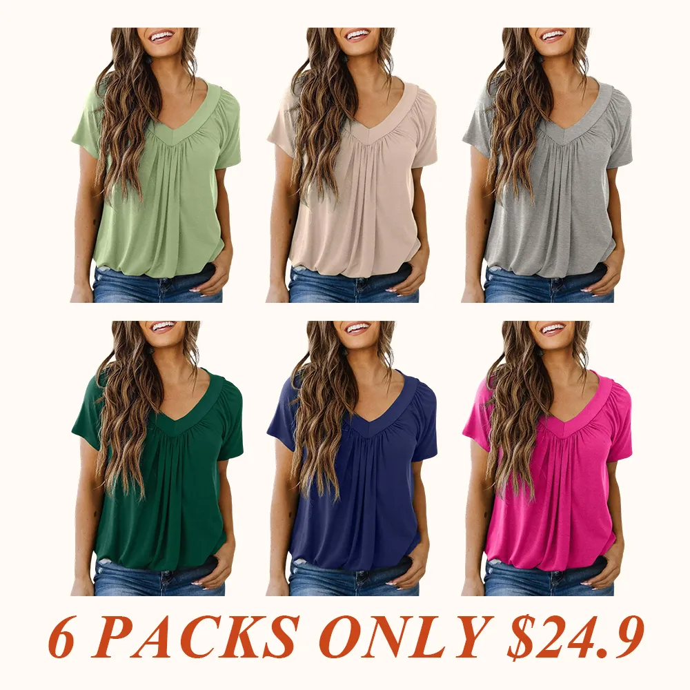 Women's Casual Summer Short Sleeve V Neck Tops T-shirts - Loose Fit & Comfortable Shirring Top