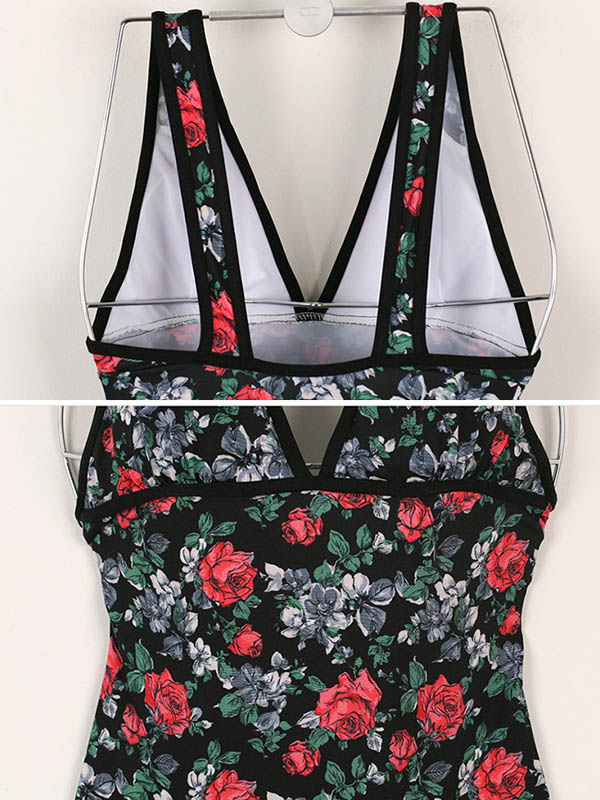 Deep V-Neck Floral Print Backless One-Piece Swimwear