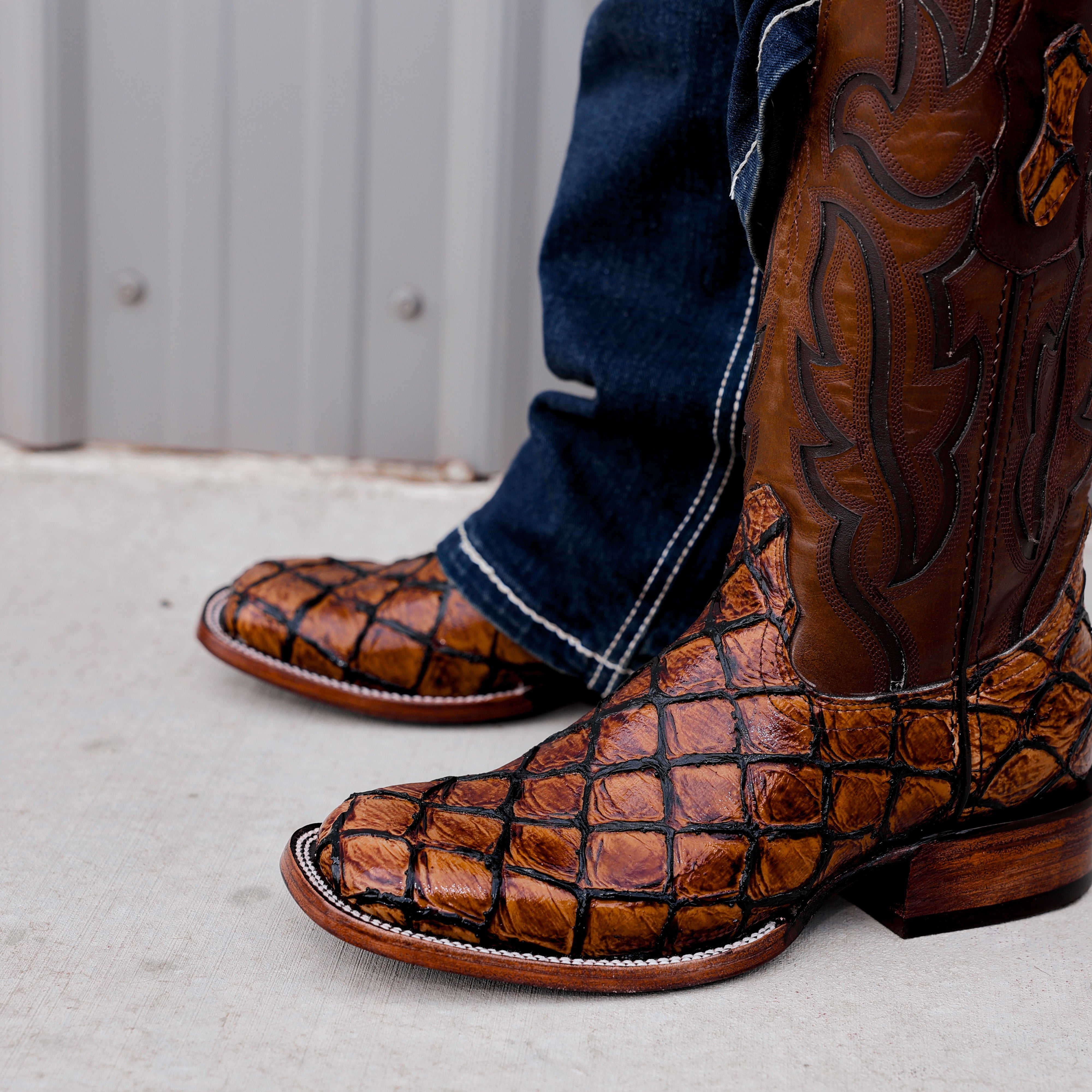 Cognac Pirarucu Leather Boots - Square Toe