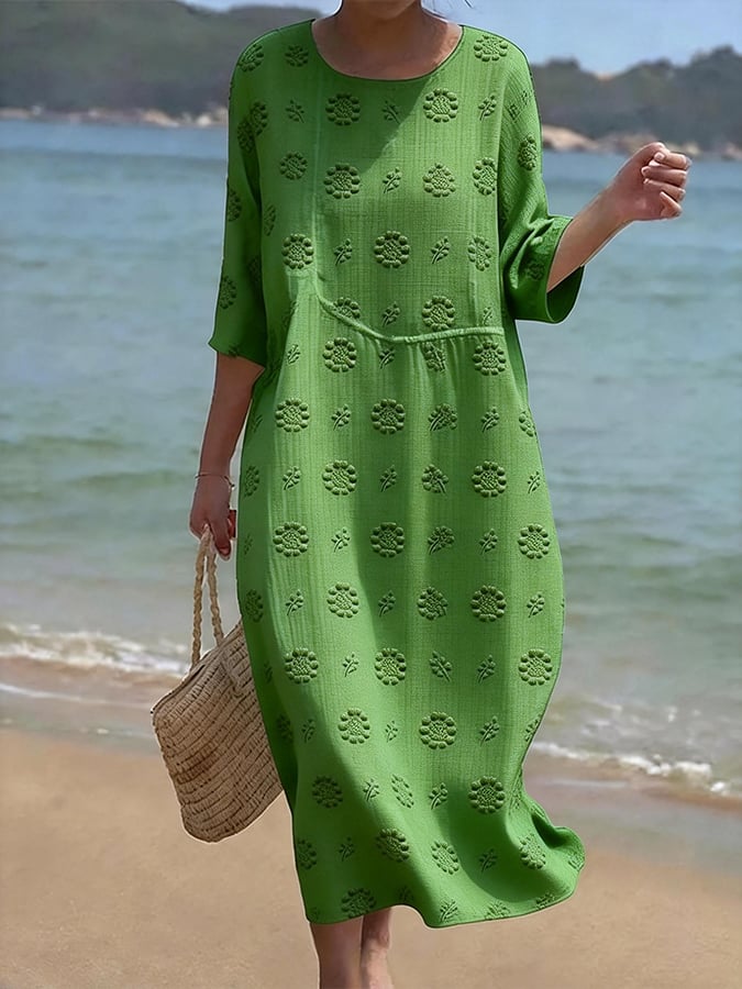 Women's Casual  Round Neck Mid Sleeve Print Cotton and Linen Dress- Fast Shipping