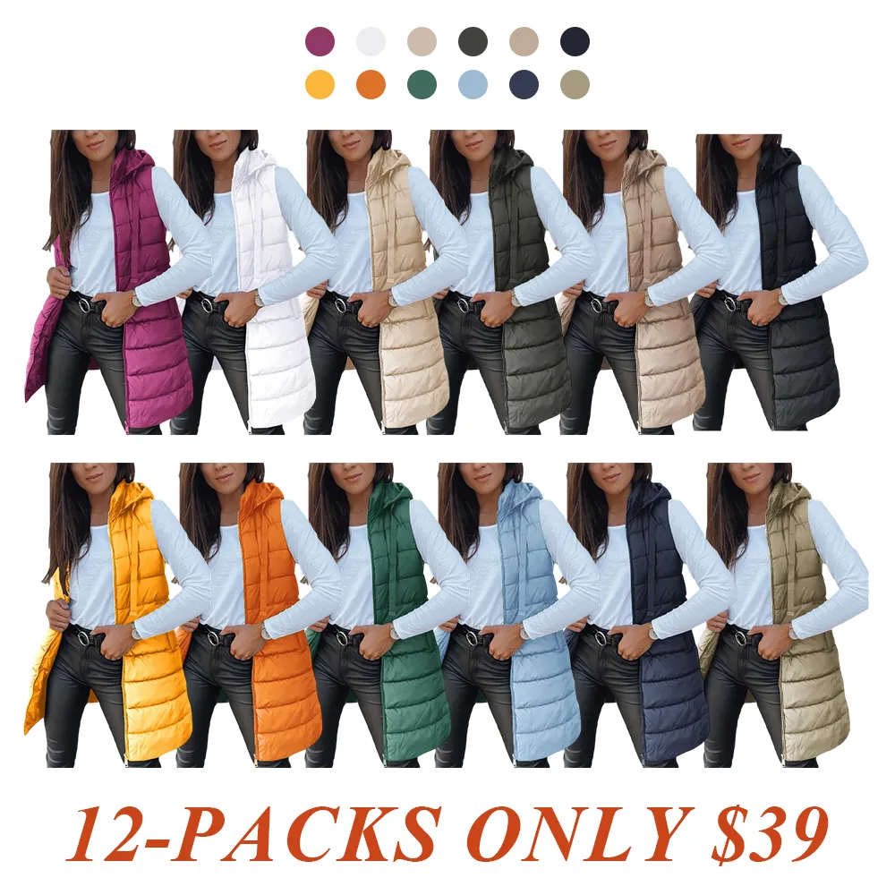 Women Long Vest Solid Color Sleeveless Hood Winter Puffer Vest Outwear