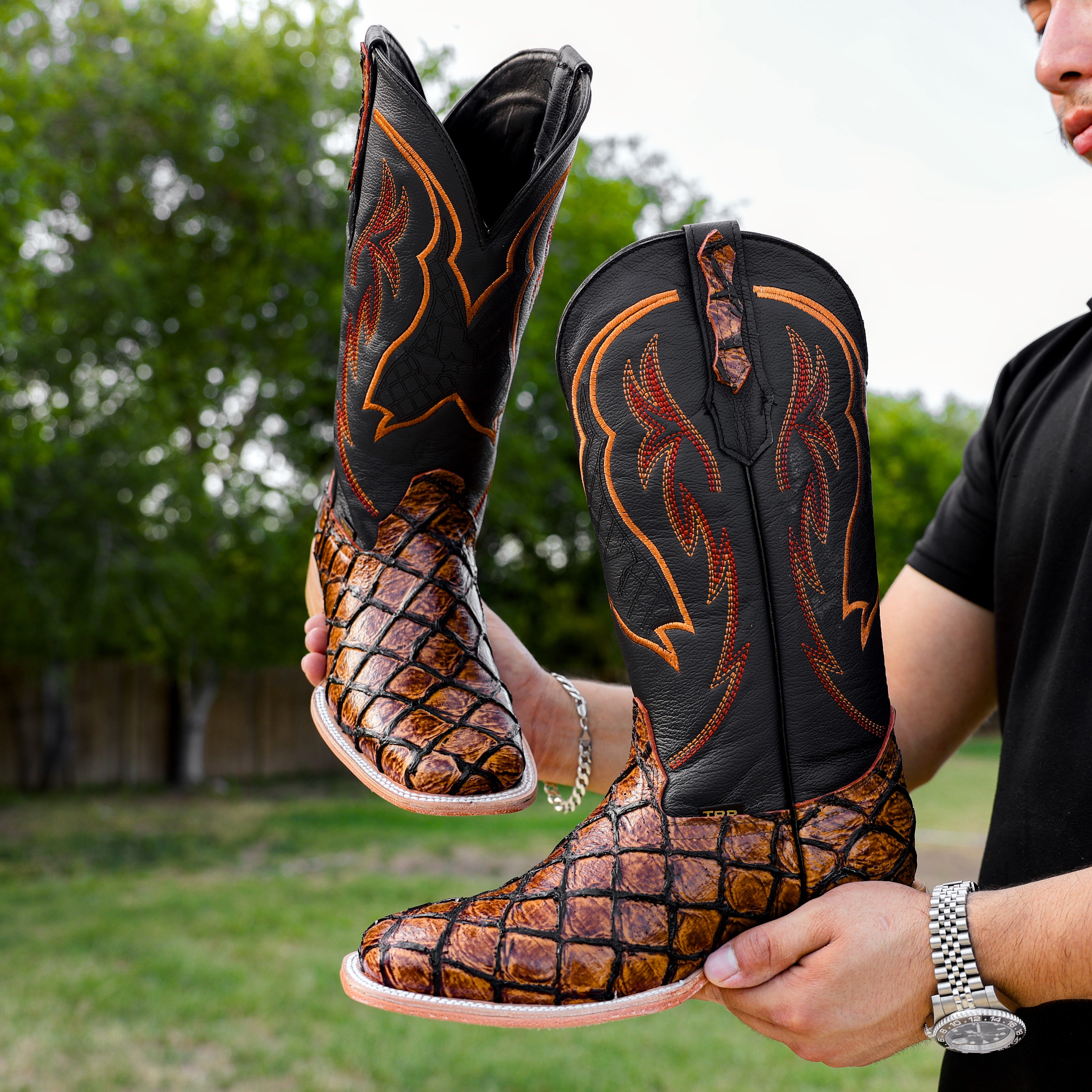 Cognac Pirarucu Leather Boots - Square Toe