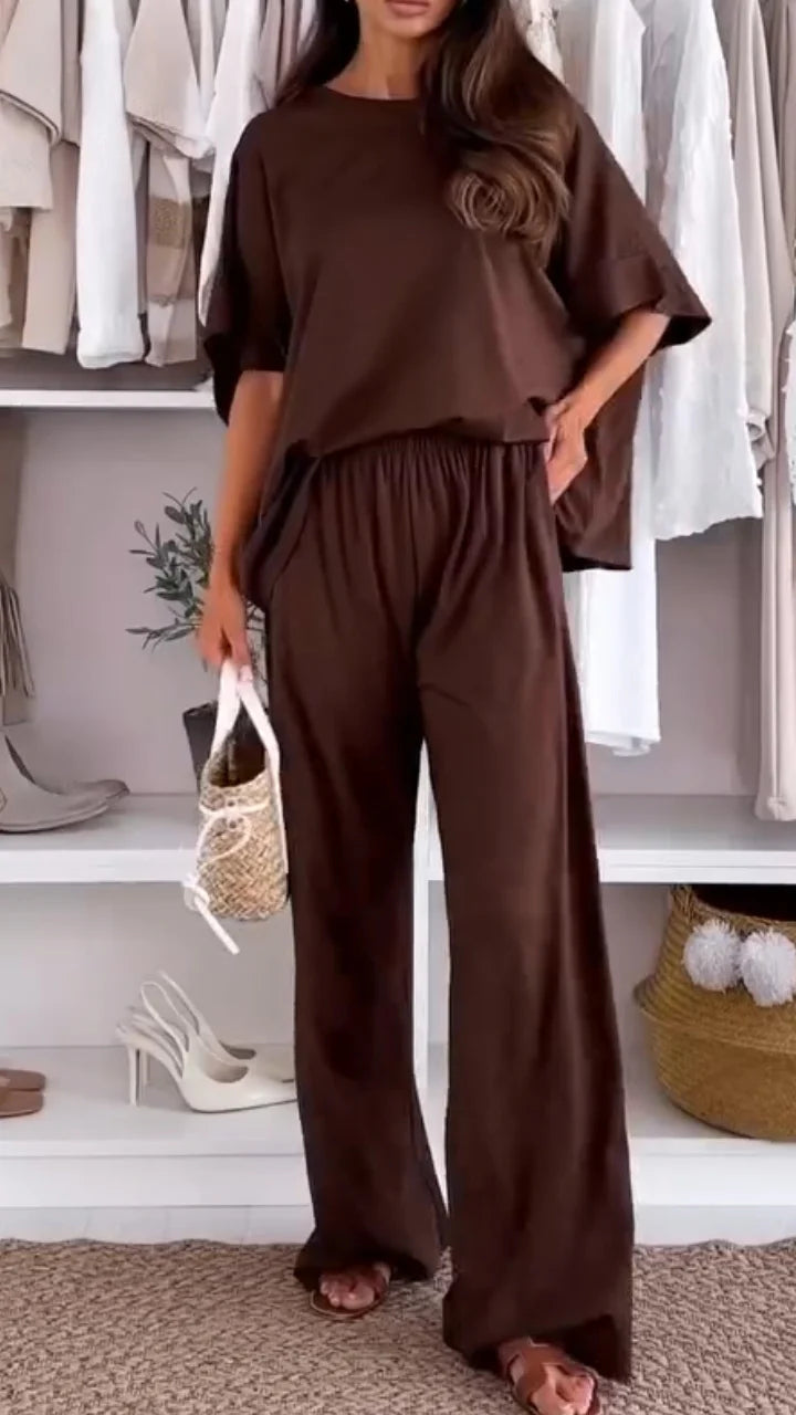 Ladies' Round Neck Solid Color Loose Casual Suit