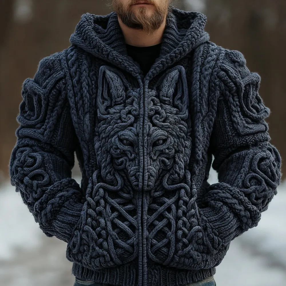 Men's Vintage Viking Wolf Knit Jacquard Zip-up Hooded Sweater