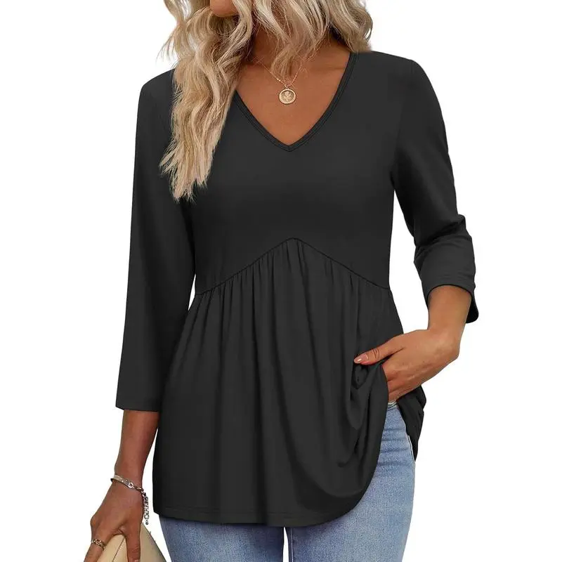 3/4 Length Sleeve Womens Tops 2025 Blouses for Women Dressy Casual Fashion Clothing V Neck Babydoll Tops Fall Outfits