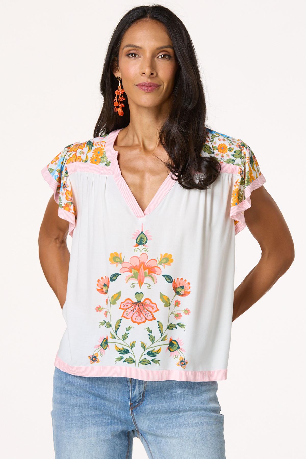 Floral Print Stripe Trim Top