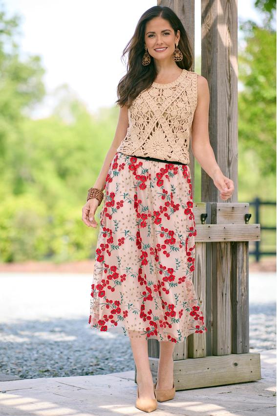 Floral Embroidered Mesh Midi Skirt