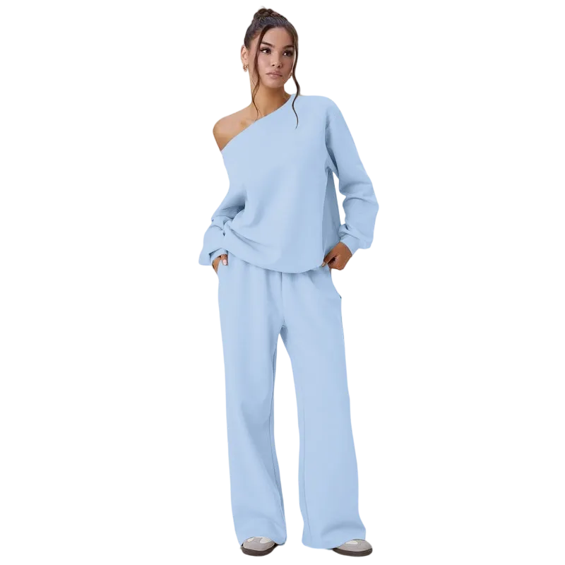 Women's Leisure Solid Color Sloping Shoulder Long Sleeve Top & Wide Leg Trousers Co-ord