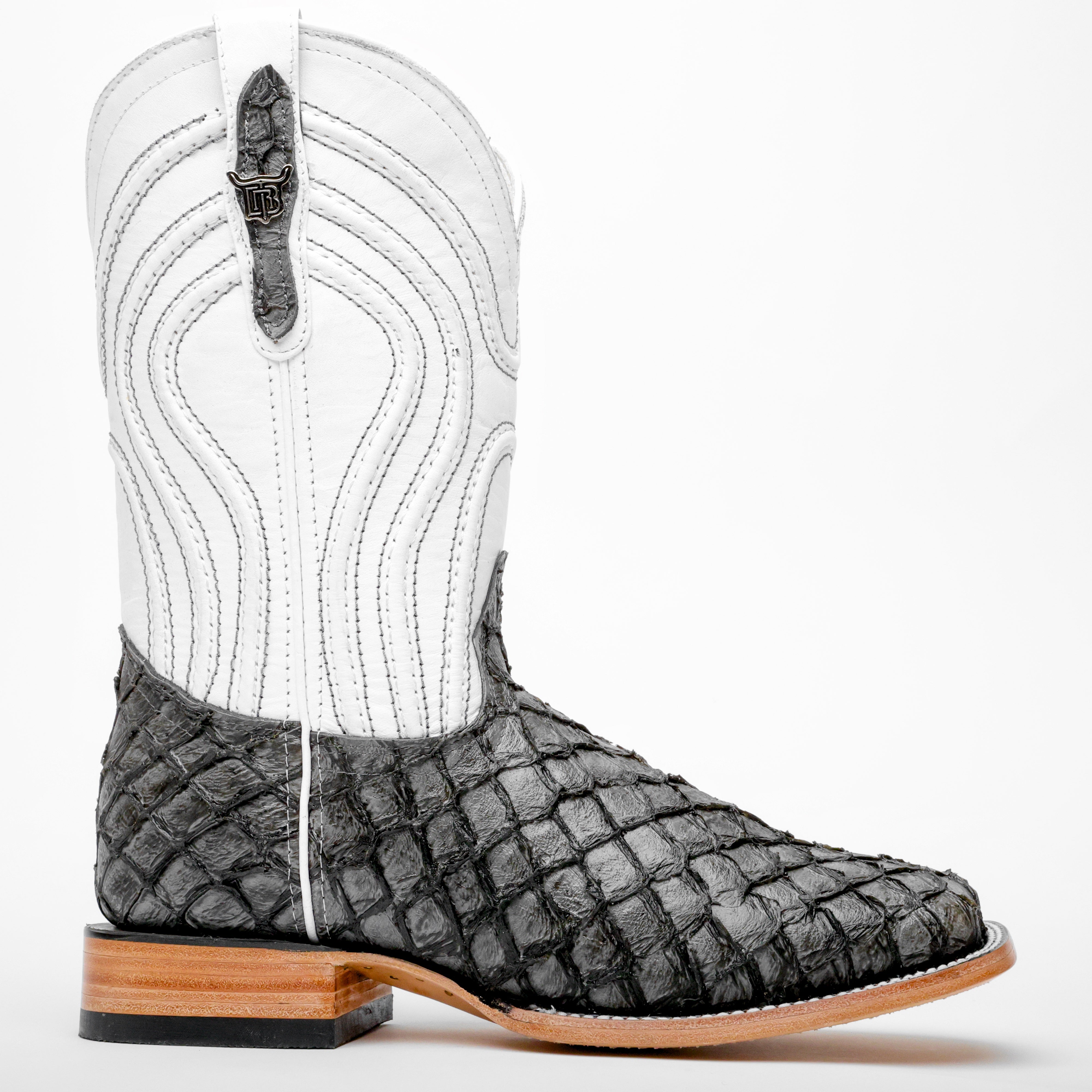 Grey Mini Pirarucu Leather Boots - Square Toe