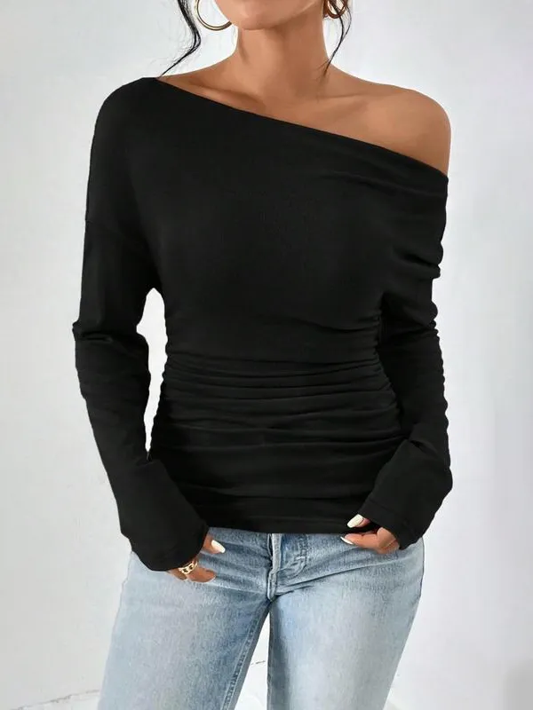 Women's Plain Ruched Asymmetrical Neck Drop Shoulder Tee