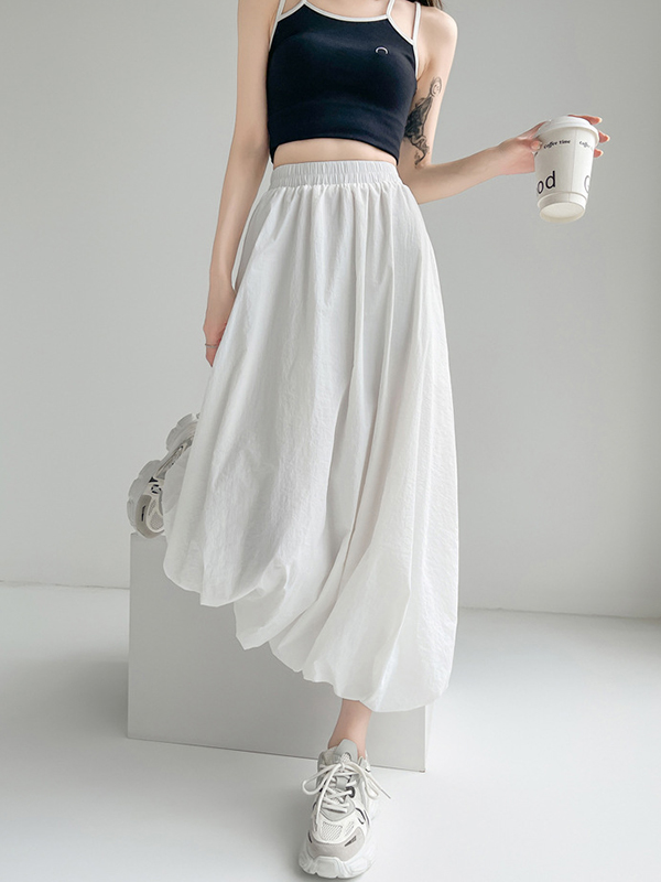 Elasticity Pleated Pockets Solid Color A-Line Loose Skirts Bottoms