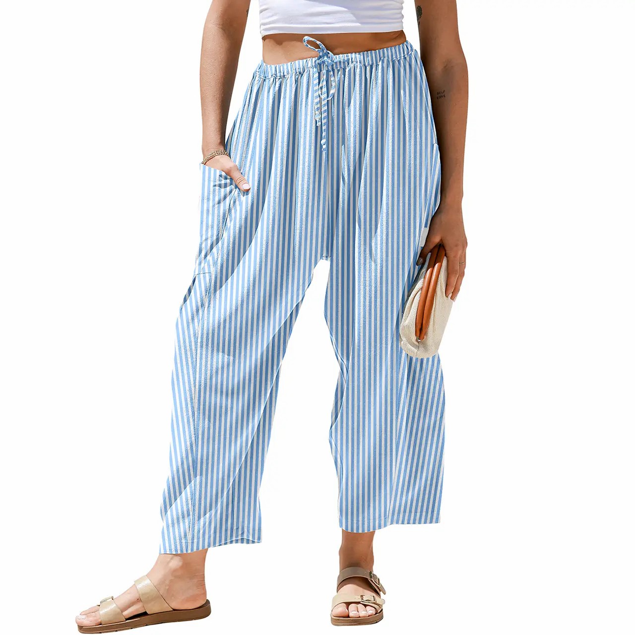 Women's Gingham Striped Wide Leg Pants – Low Waist Drawstring Palazzo with Pockets