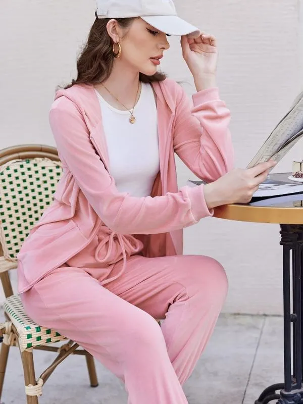 Women's Casual Velour Tracksuit Set Full Zipper Hoodie