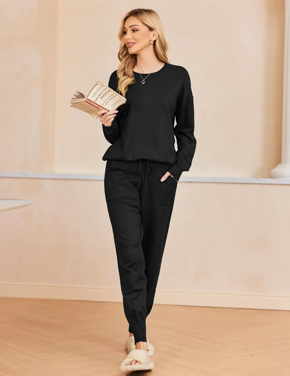 Women's Long Sleeve Knit Loungewear Set Jogger Pants Outfit