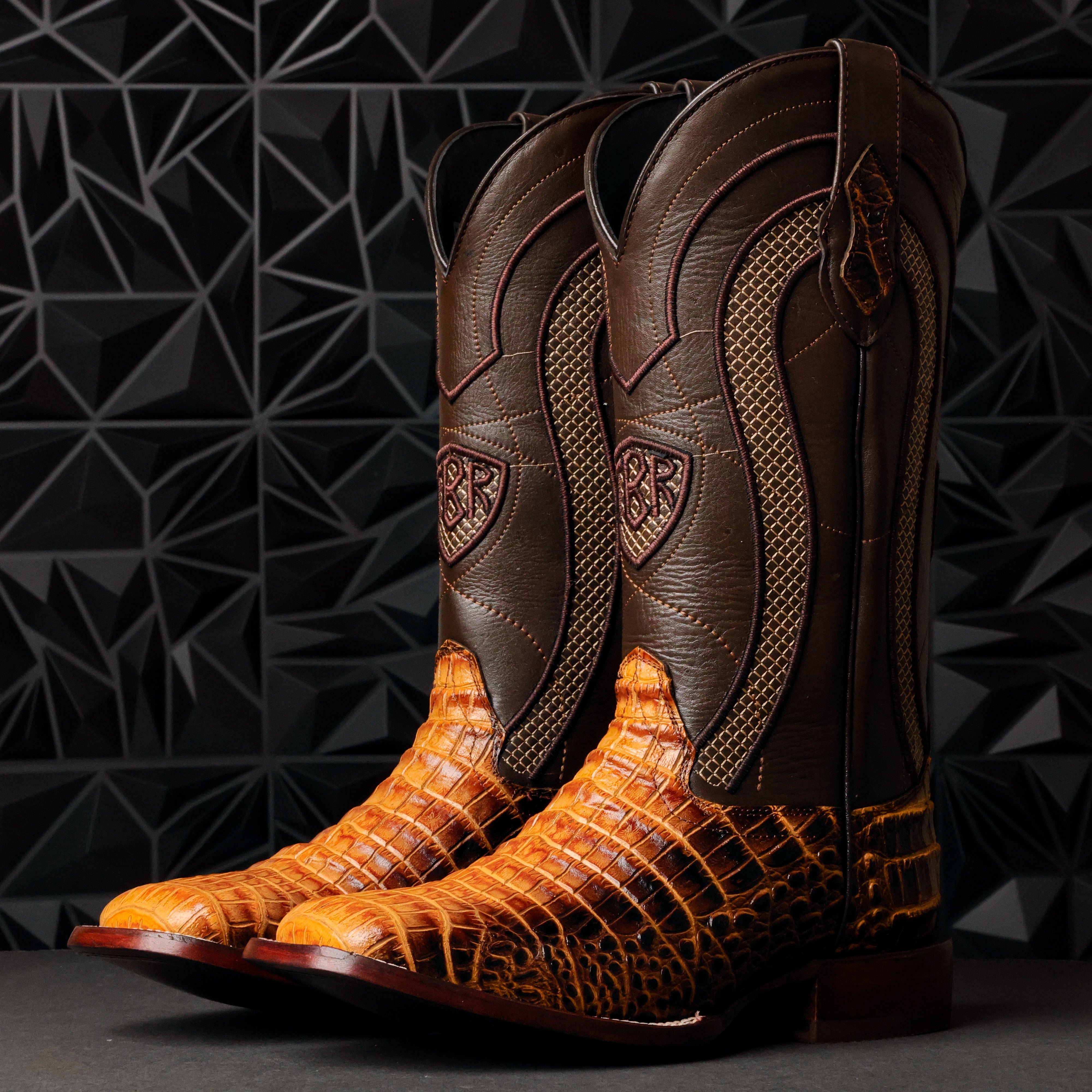 Two-Tone Caiman Belly Leather Boots - Square Toe