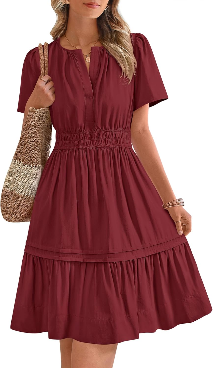 Women's Casual Dresses 2025 Summer Spring V Neck Short Sleeve Sundress Smocked Waist A Line Tiered Mini Dress