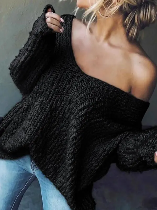 Women's Plain Drop Shoulder V Neck Sweater