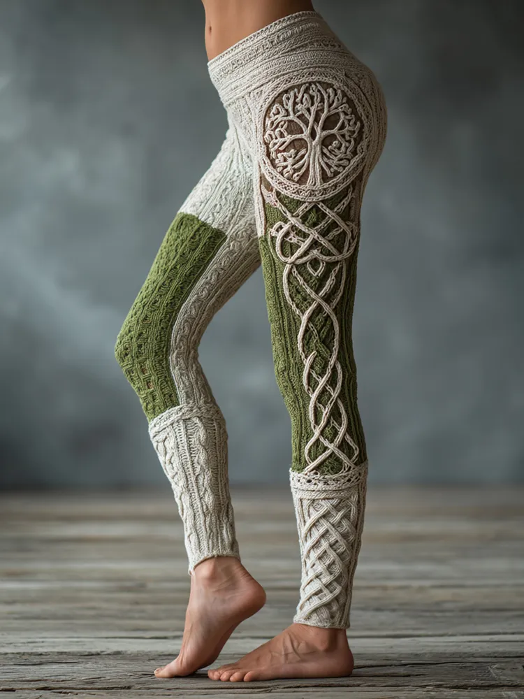 Vintage Viking Tree Of Life Celtic Knot Art Knit Jacquard Cozy Leggings