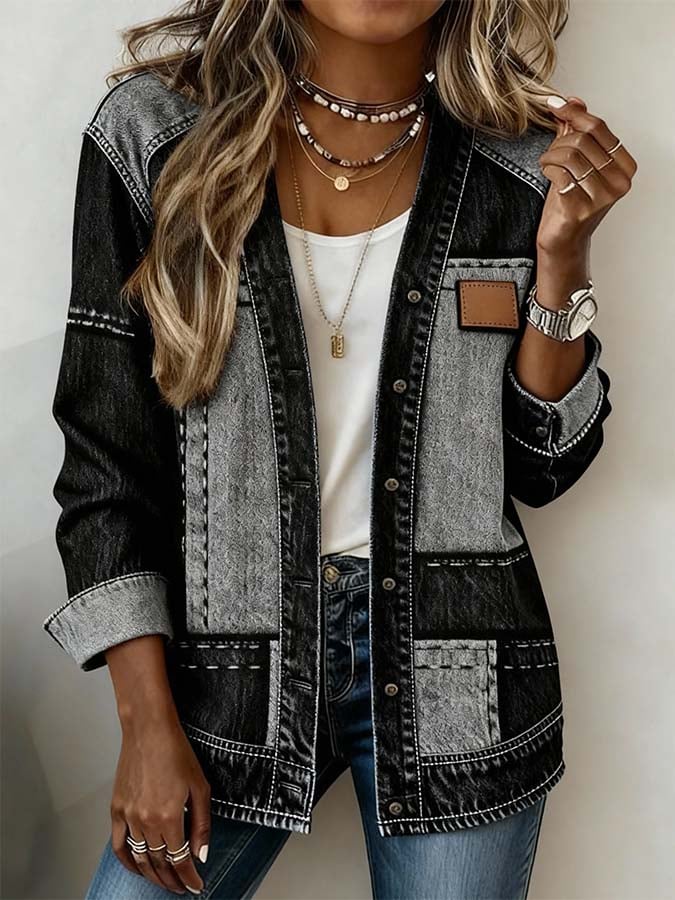 Women'S Casual Printed Patchwork Jacket