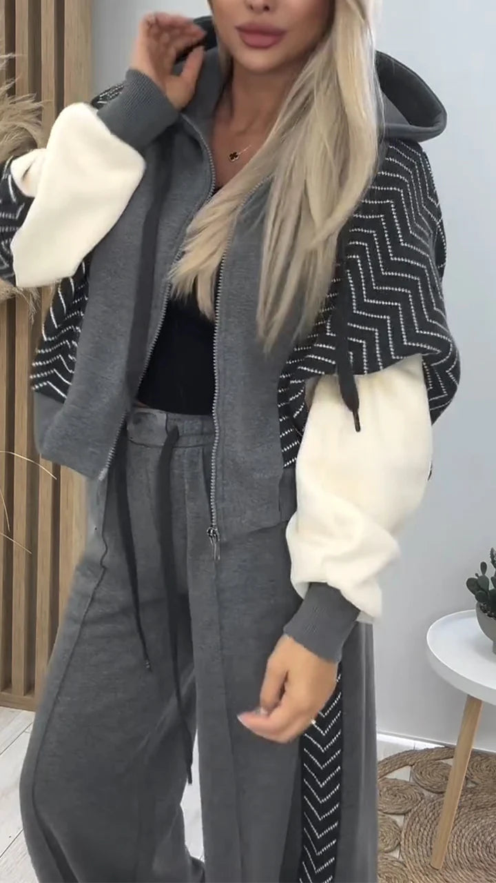 Women Hooded Spliced Jacket + Pants Casual Set