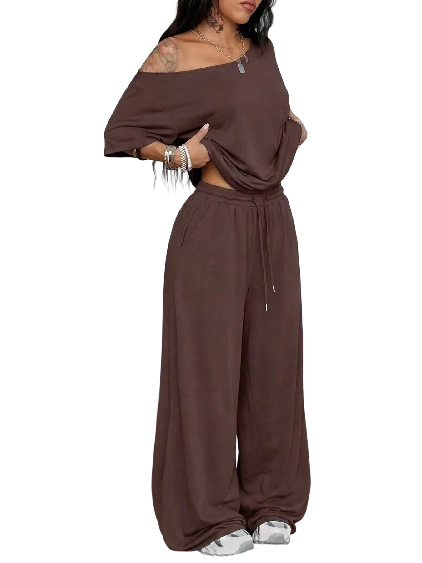 Women's Minimalist Basic Daily Wear Casual Going Out Sport Comfortable Off Shoulder T-Shirt And Wide Leg Pants Two Pieces Outfits