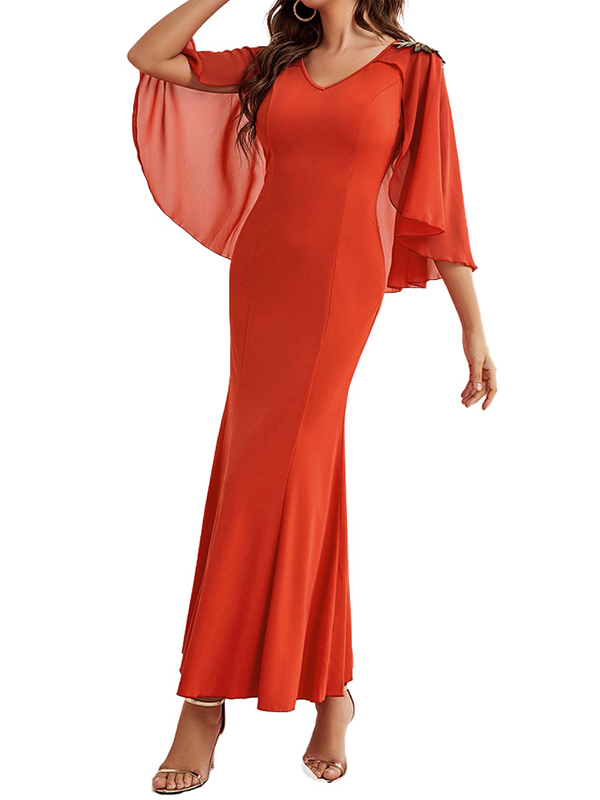 Gauze Solid Color Split-Joint Zipper Batwing Sleeves Bodycon V-Neck Maxi Dresses