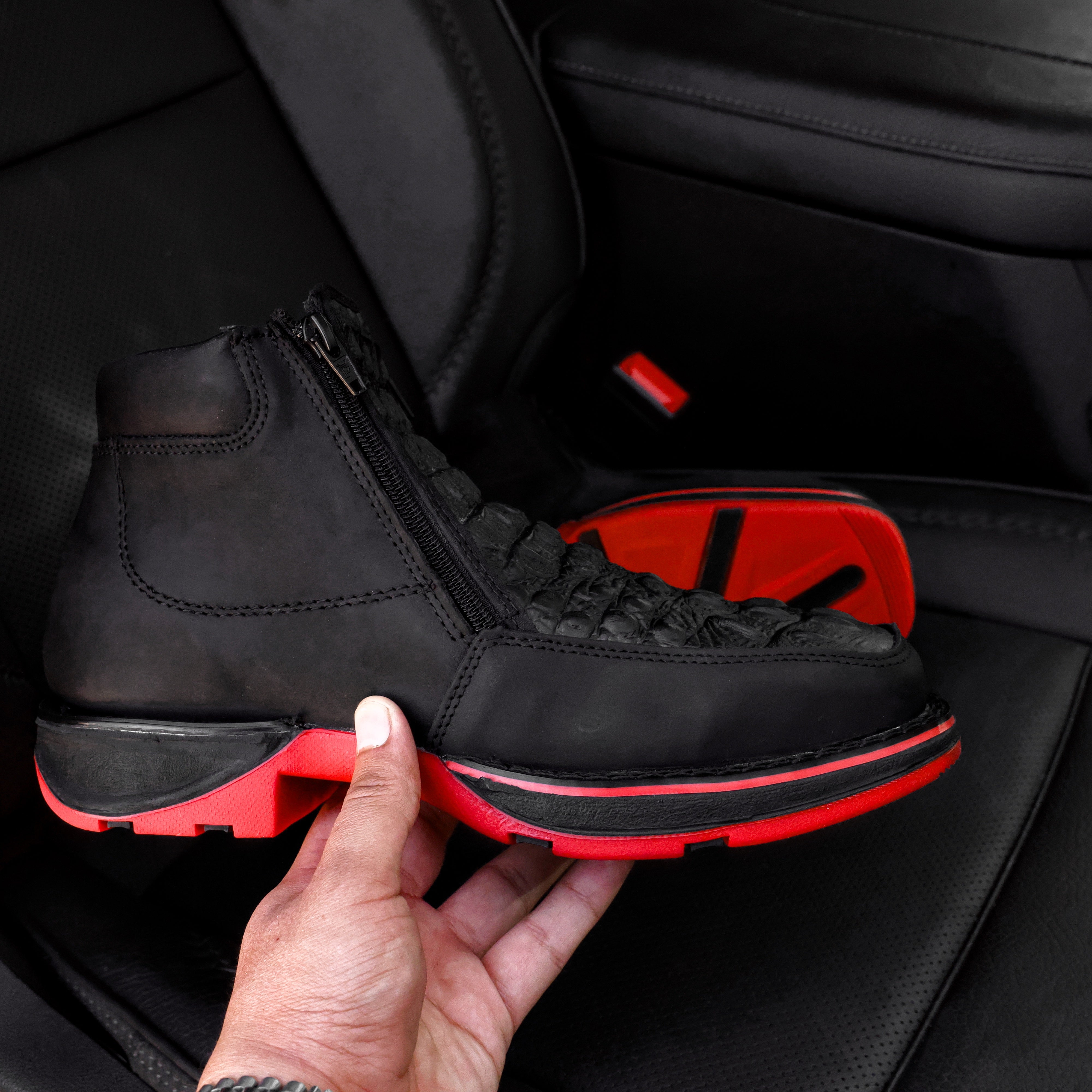 Black Caiman Neck Leather Botin With 3D Lightweight Soles - Square Toe