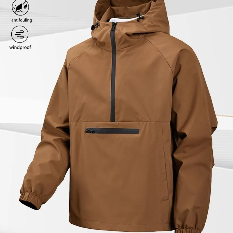 One black half-zip pullover with hoodie, outdoor camping style, large pockets, made of stain-resistant fabric