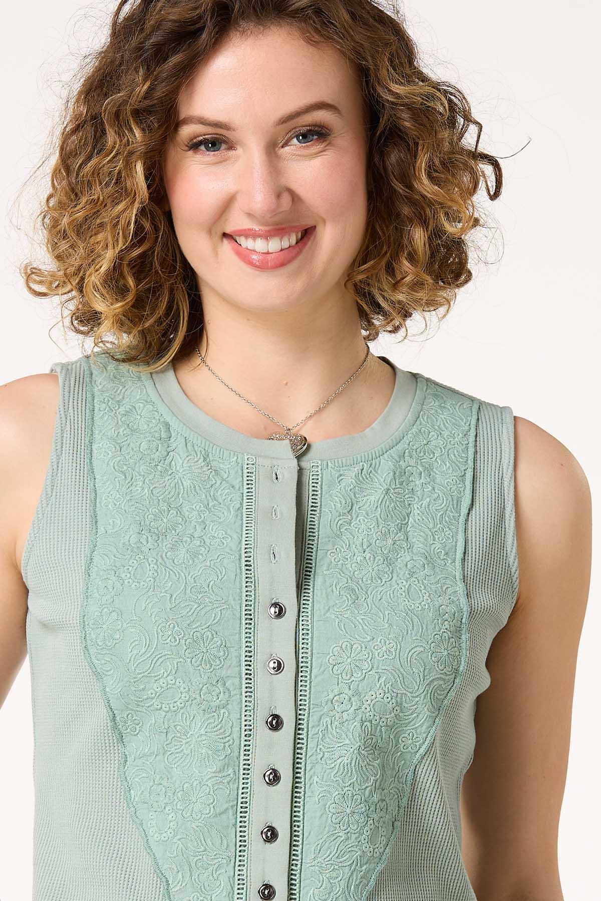 Embroidered Button Front Tank