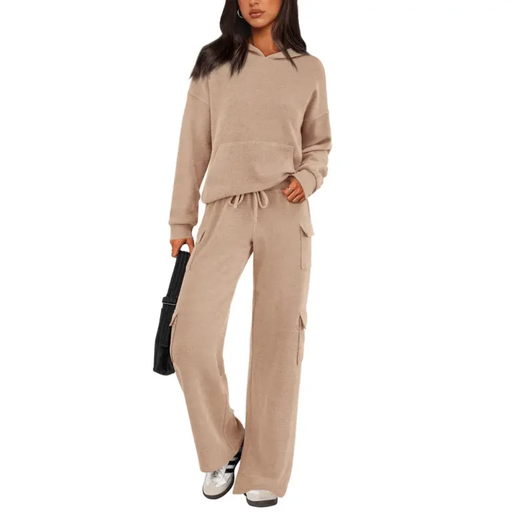 Women’s Casual Knit Tracksuit – Hoodie & Wide Leg Pants with Pockets