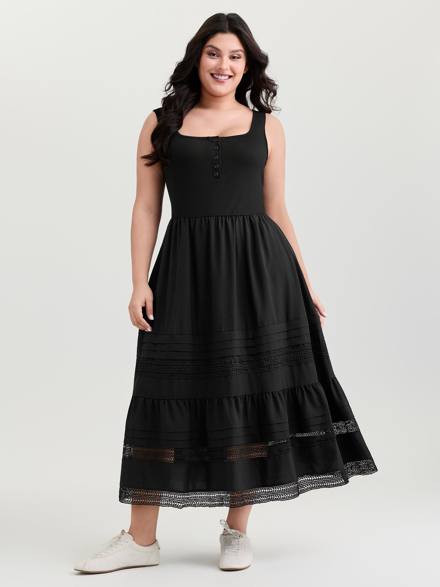 Lace Trim Sheer Button Placket Midi Dress