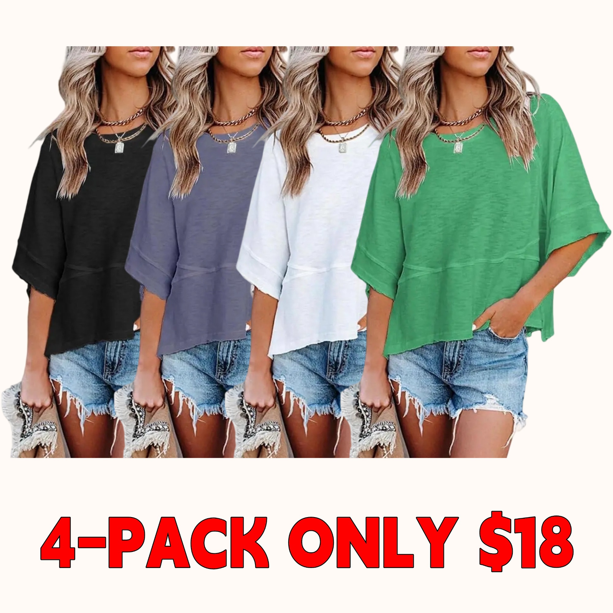 Women's Summer Casual Crewneck Batwing Half Sleeve T-Shirts Solid Color Loose Fit Cute Basic Flowy Tops Tees Blouses