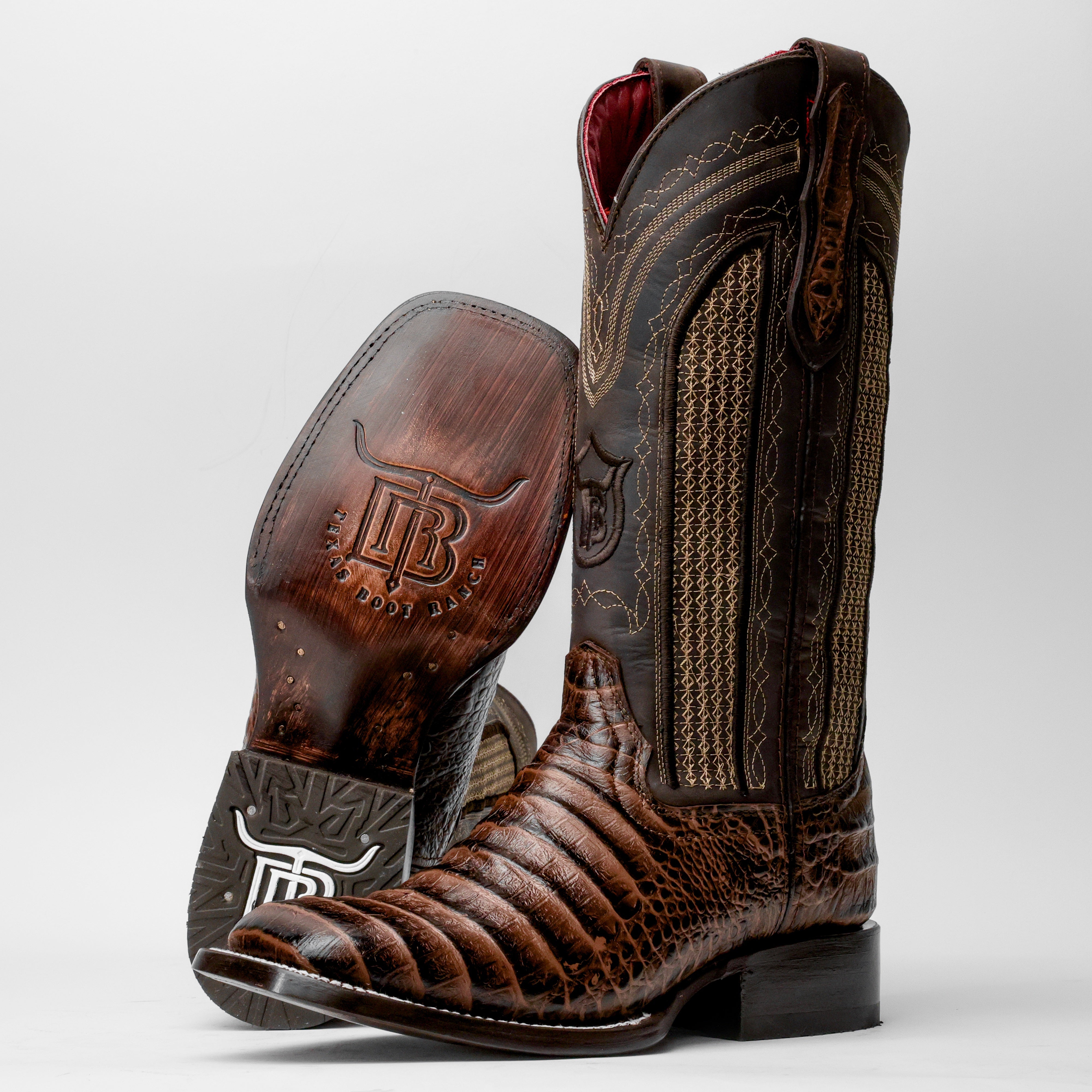 Brown Caiman Belly Leather Boots - Square Toe