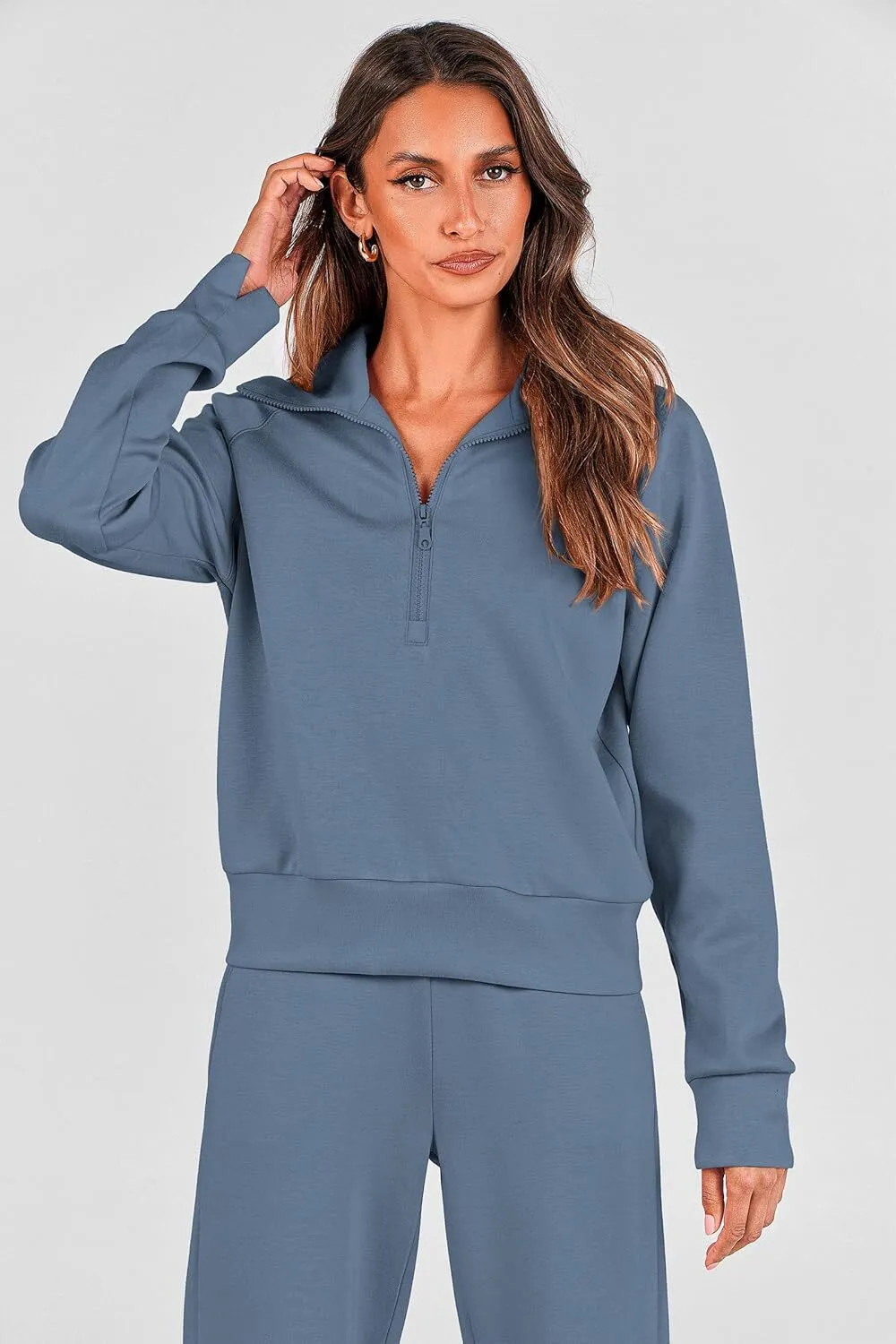 🔥Final Day Clearance!🛒Women's 2 Piece Outfits Casual Lapel Half Zip Sweatshirts And Wide Leg Pants Tracksuit Sets