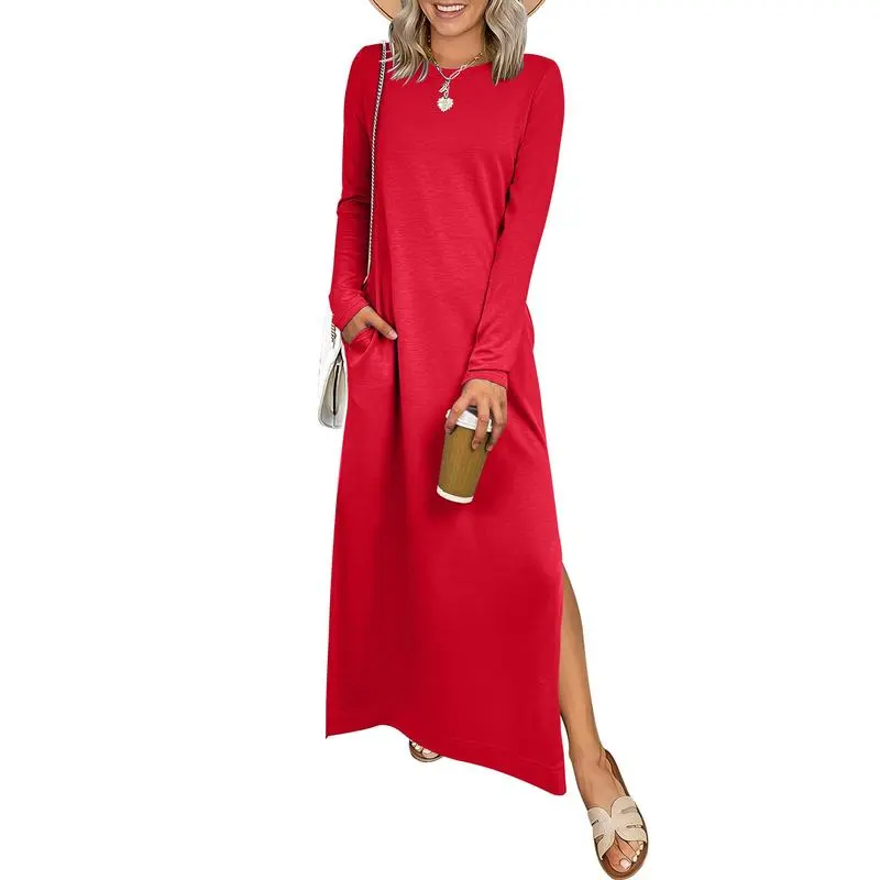 Women Long Sleeve Dresses 2026 Fall Casual Crewneck Loose Fit Split Flowy Wrinkle-Free Travel Vacation Maxi Dress