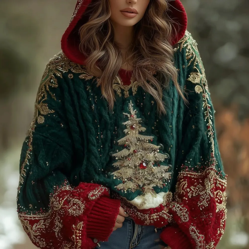 Women's Gold Christmas Tree Knit Hooded Sweater