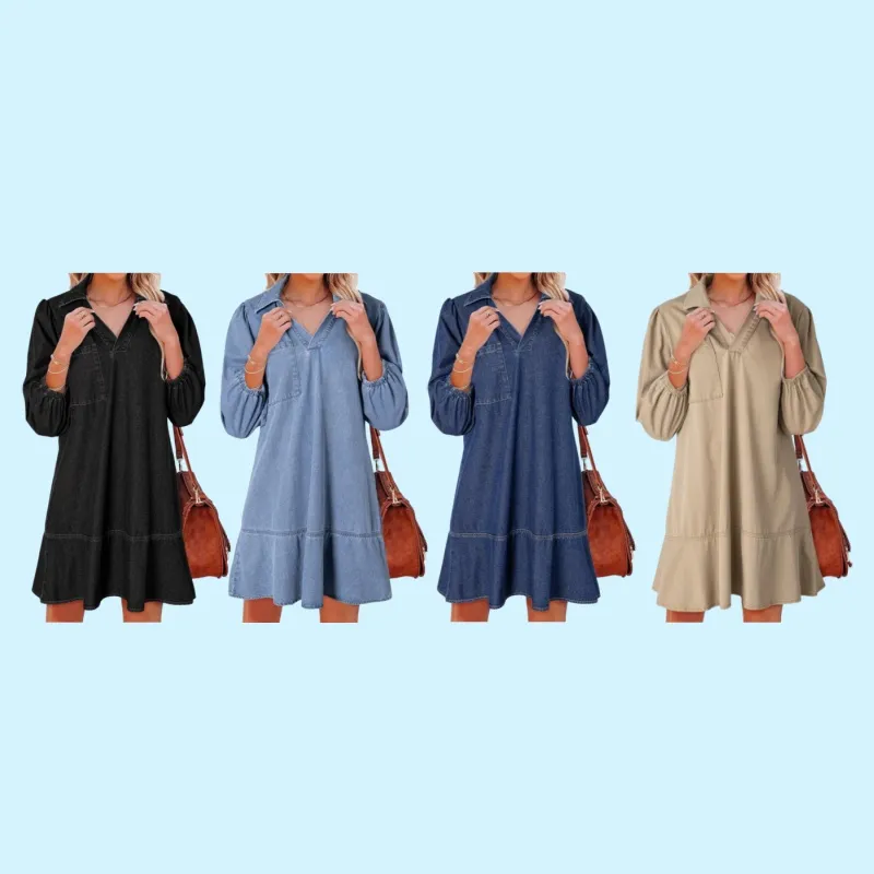 V Neck 3/4 Puff Sleeve Jean Dresses