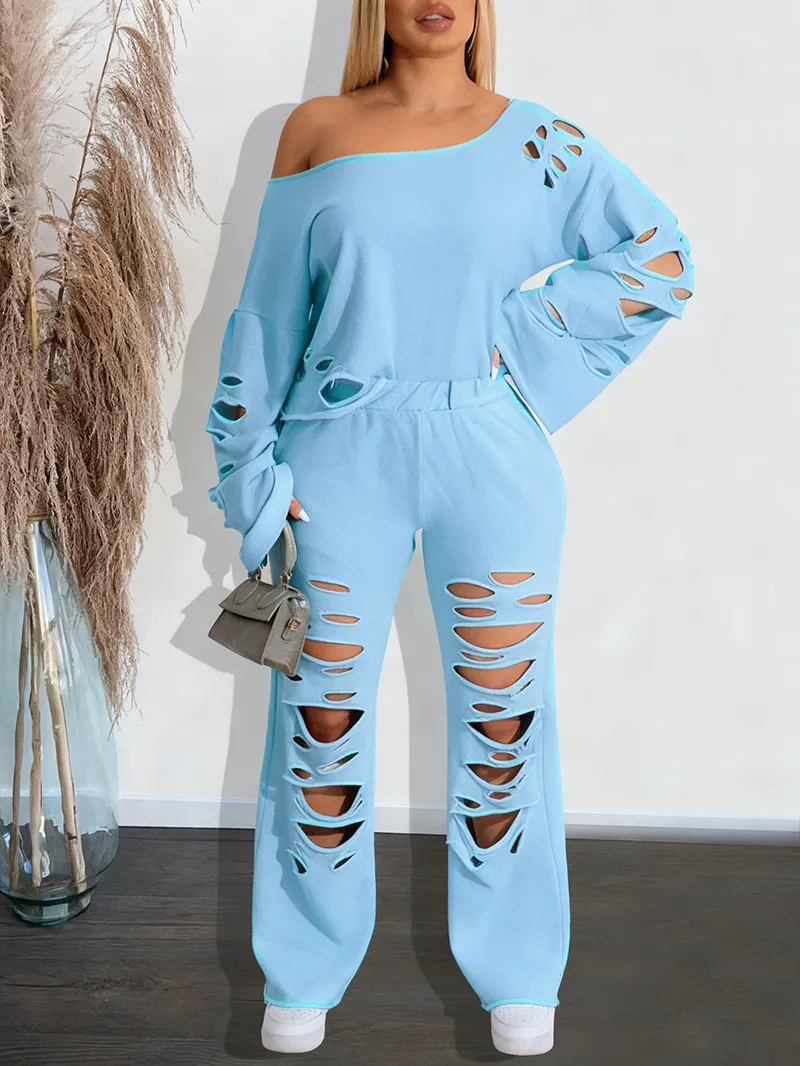 Women's Ripped Asymmetrical Neck Pullover & Wide Leg Pants Set