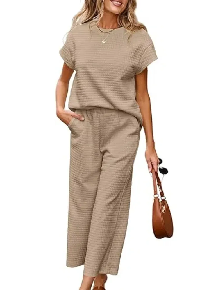 Women's Casual Textured Tops and Wide Leg Pants Lounge Sets