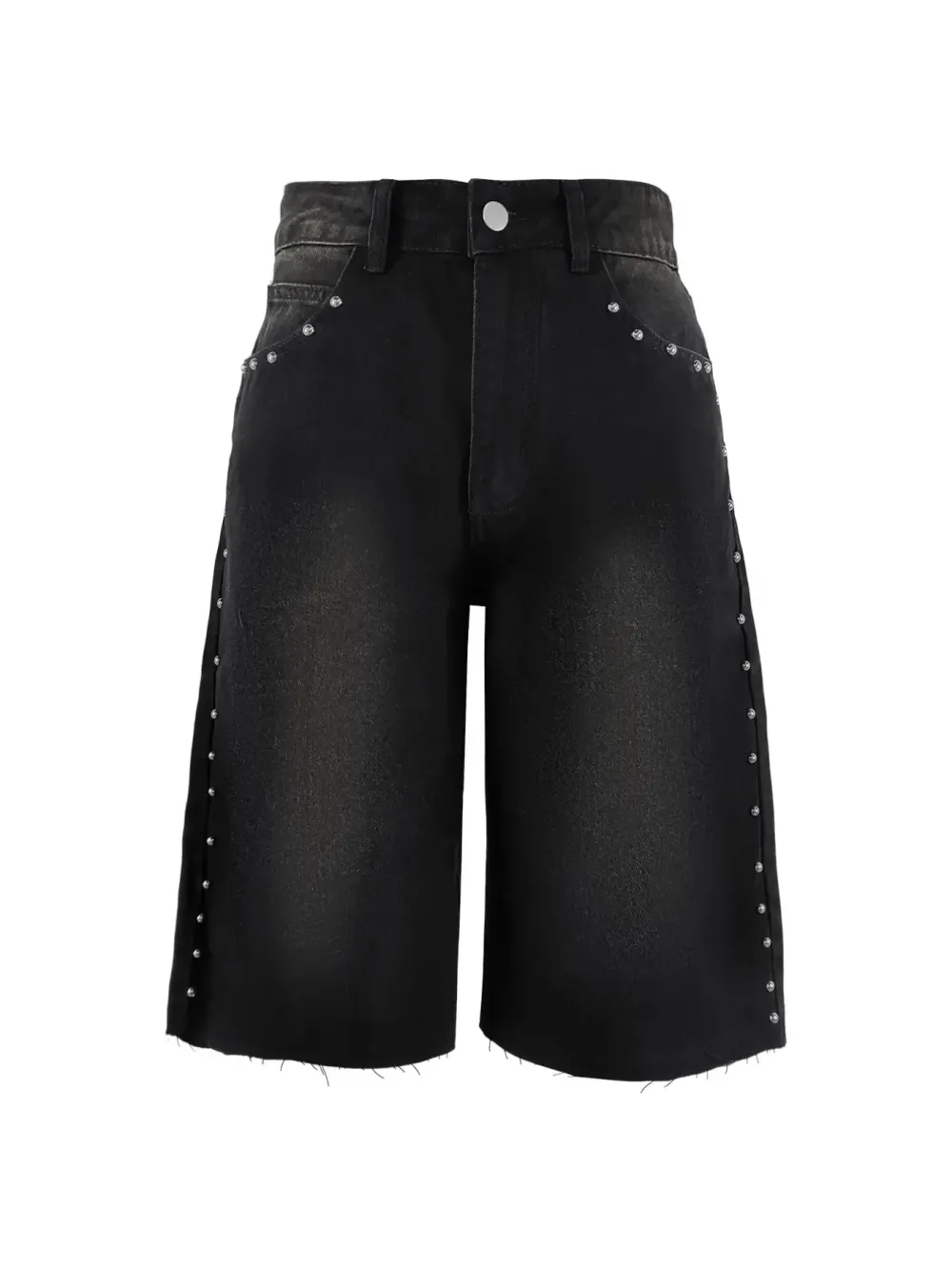 Washed Studded Wide-Leg Denim Jorts, Raw Hem High-Waisted Bermuda Shorts