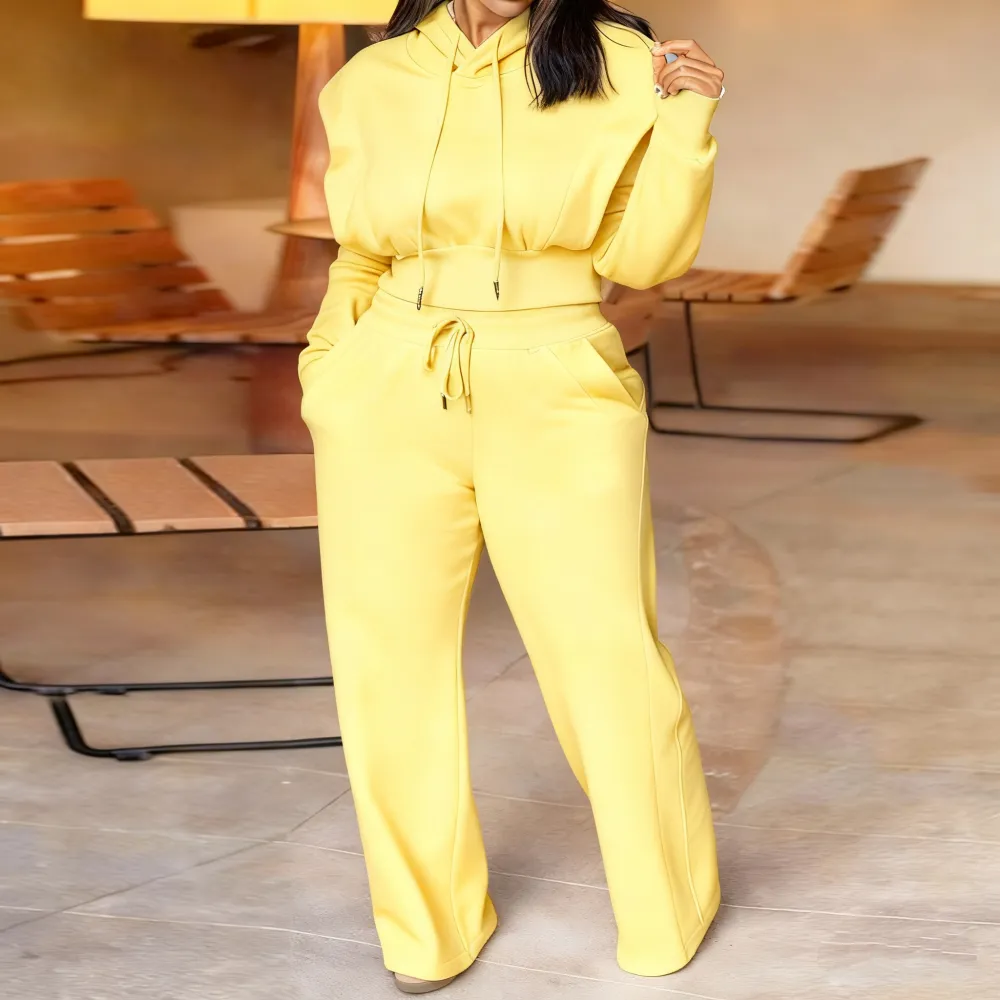 Hooded Long Sleeve Sweatshirt and Casual Wide Leg Sweatpants Set