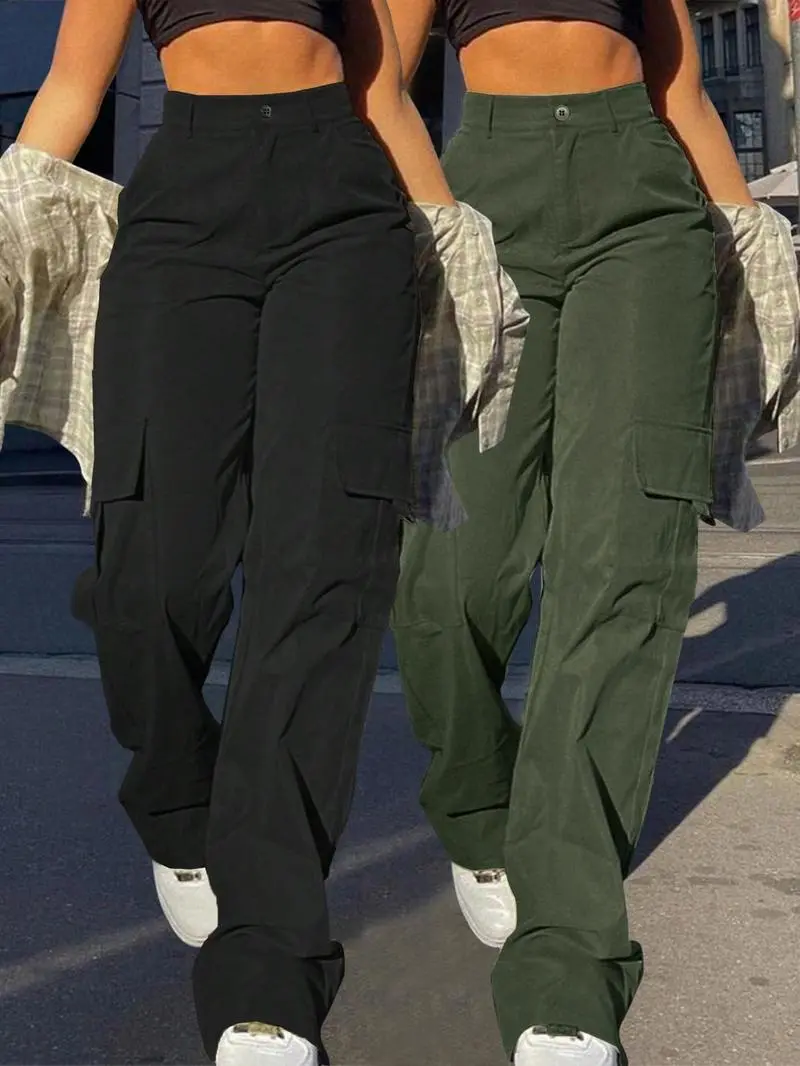 Women's Plain Flap Pocket Button High Waist Cargo Pants