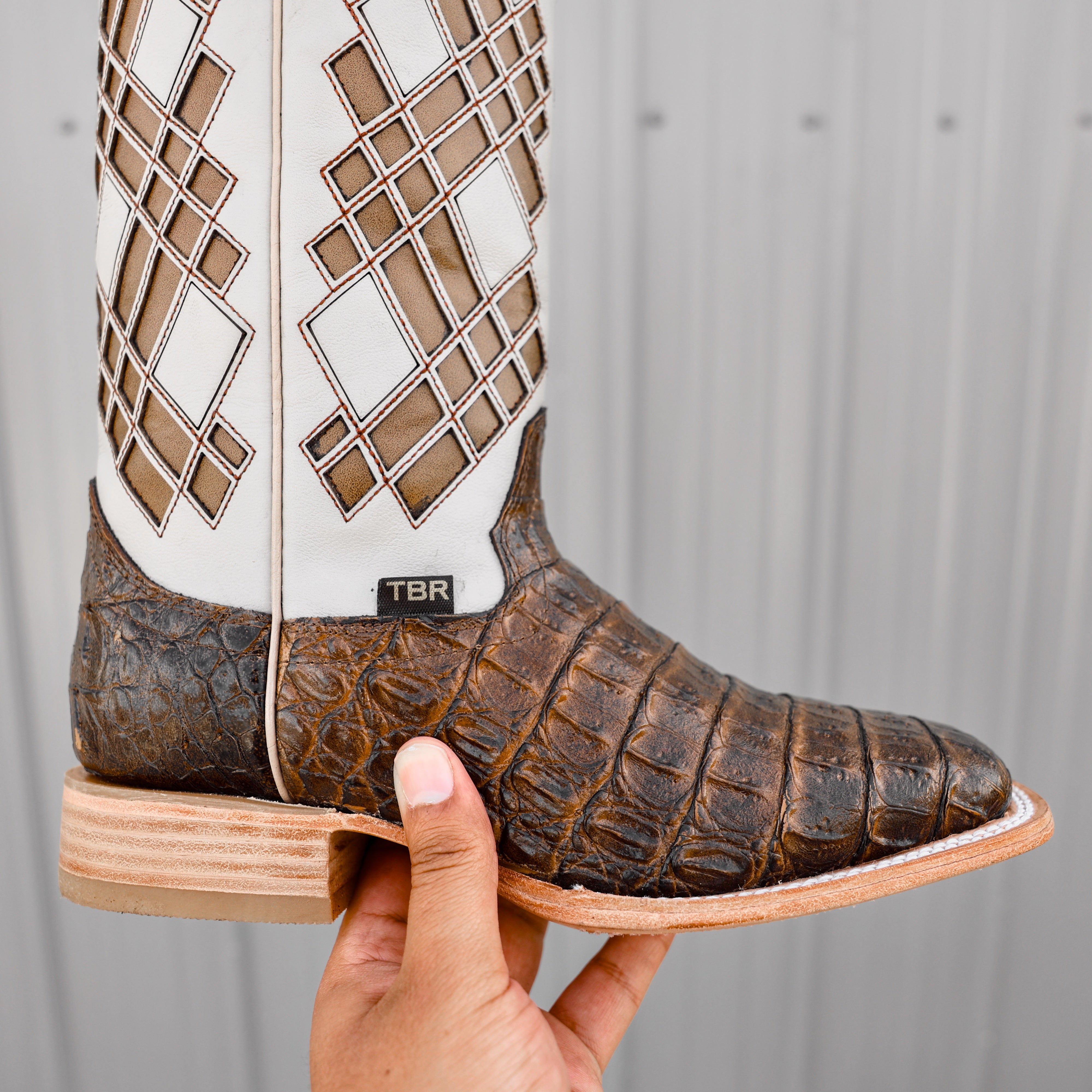 Honey Caiman Hornback Leather Boots - Square Toe