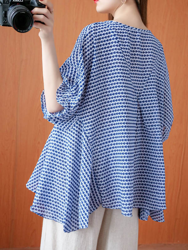 Casual Split-Joint Plaid Round-Neck Batwing Sleeves T-Shirts