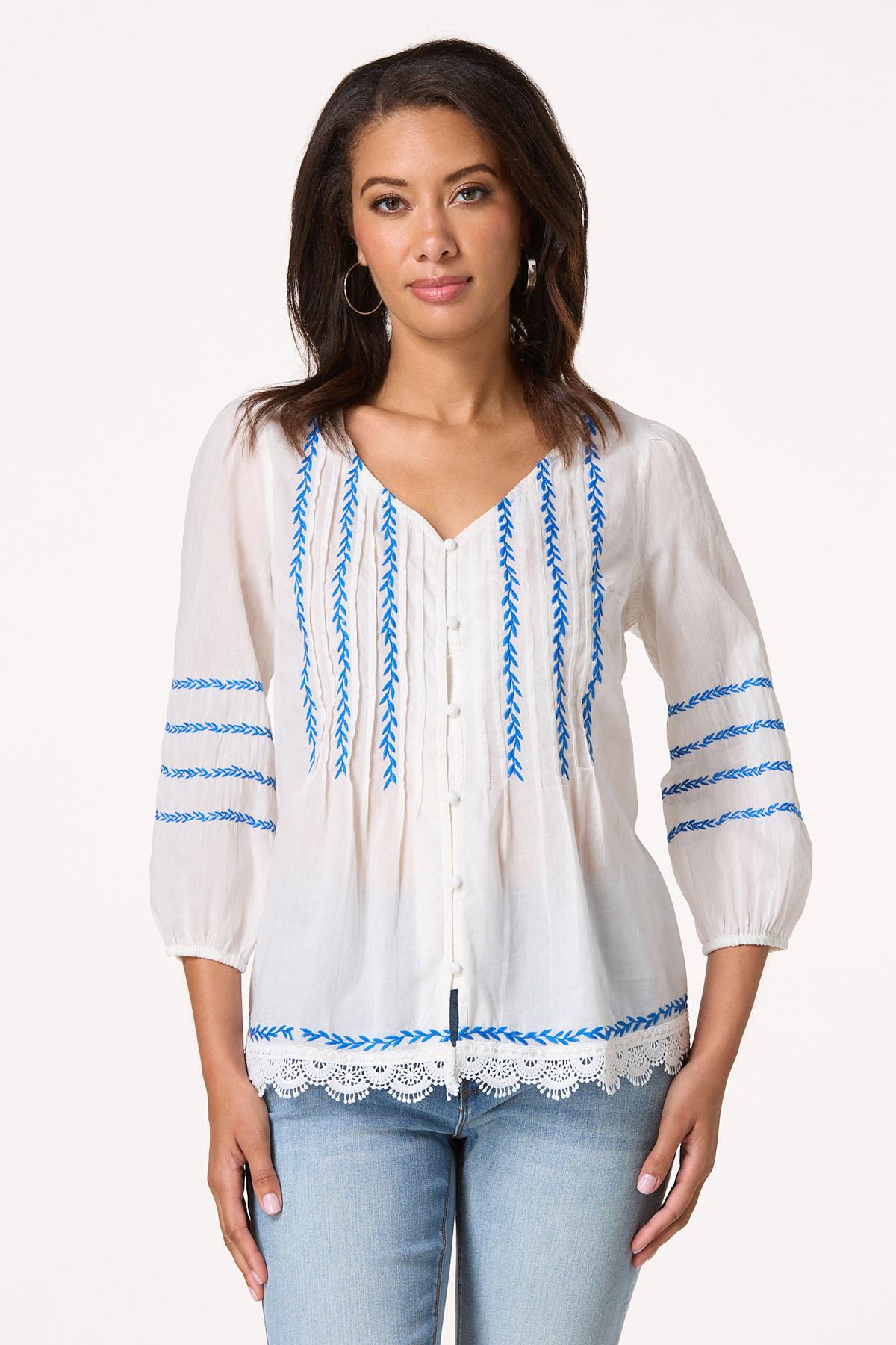Vine Embroidered Lace Trim Top