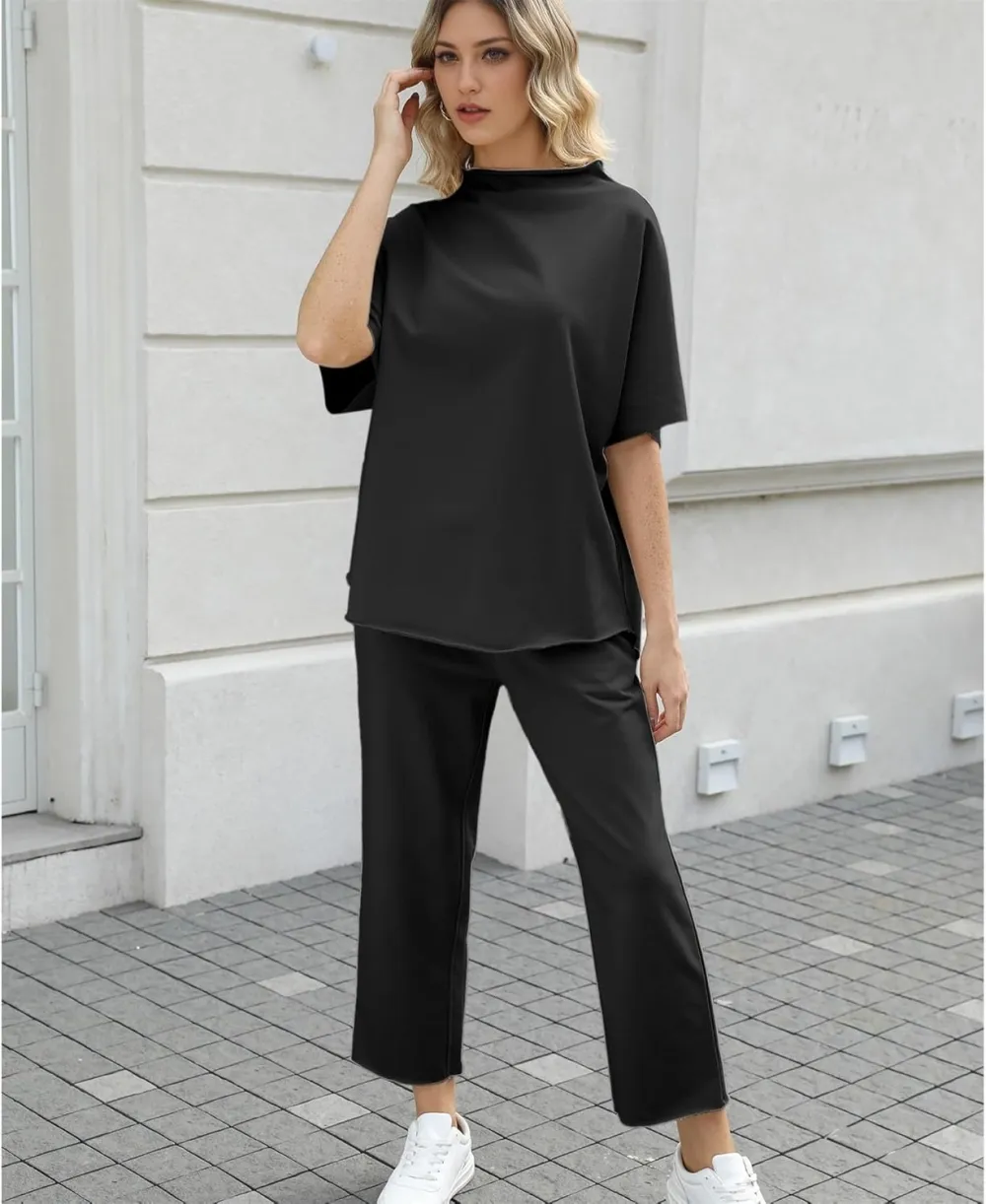 Women's 2 Piece Outfits Lounge Set 3/4 Batwing Sleeve Capelet Crew Neck Pullover Tops Wide Leg Pants