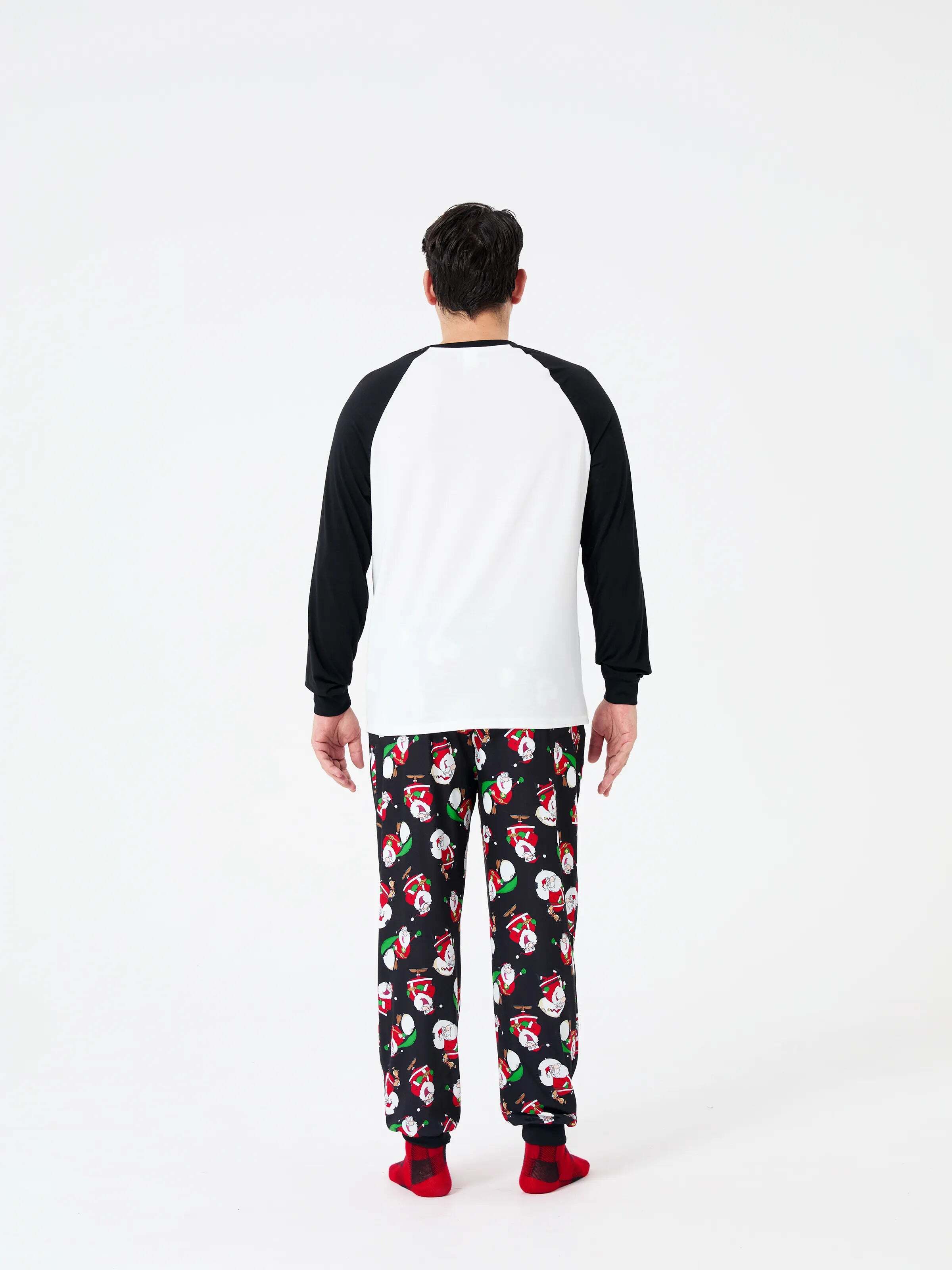 Christmas Matching Family Pajamas Set Christmas Santa Print Black and White PJS with Christmas Socks Black