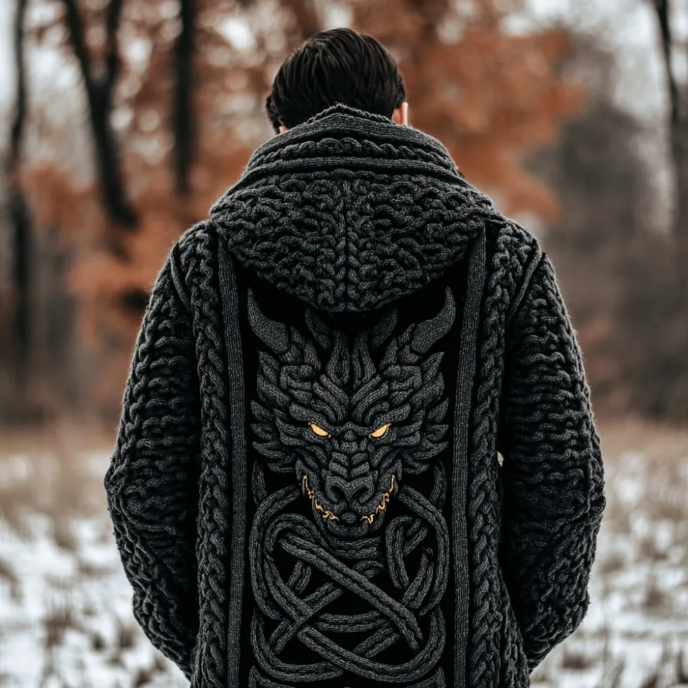 Men's Viking Inspired Celtic Dragon Chunky Sweater Cardigan